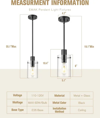 Miniatura 5 de Emak PL127-BKBK-CG-2PK - Luces colgantes negras de isla de cocina, paquete de 2 lámparas colgantes de 5 pulgadas con pantalla de vidrio