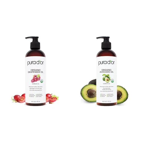 PURA D'OR Aceites orgánicos de semilla de uva y aguacate de 16 onzas, paquete de aceites portadores 100% puros prensados en frío