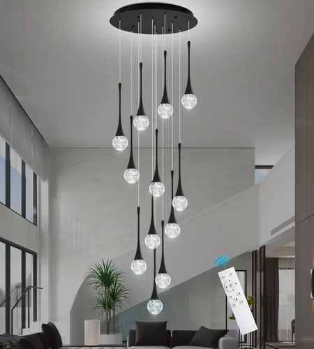 Miniatura 23 de Moderno candelabro de cristal de 7 luces, color negro, H60 pulgadas, techo alto, espiral, regulable, LED, burbuja, gota de lluvia, lámpara