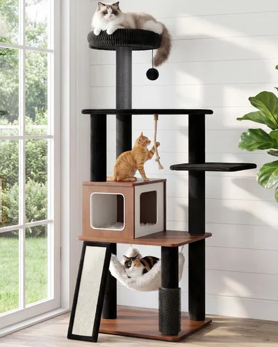 Miniatura 10 de Torre moderna de árbol para gatos de interior de 61 pulgadas, torre de escalada de lujo con salón de felpa, condominios para gatitos, hamaca