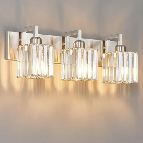Miniatura 8 de Luz de Tocador de Baño Moderna 3 Luces Níquel Cepillado Luz de Tocador Luz de Pared de Cristal Accesorios de Iluminación de Baño Níquel torcido