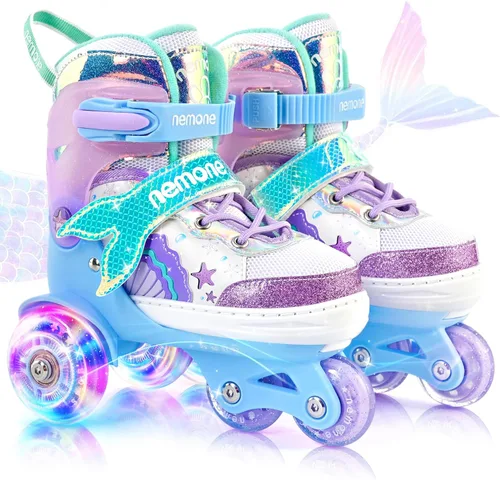 Miniatura 9 de NEMONE - Patines de sirena con ruedas iluminadas y 4 tamaños ajustables para niñas, azul y morado, para niños pequeños, para principiantes, de C