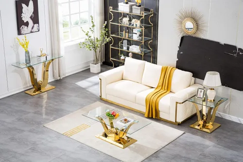 Miniatura 39 de Mesa de centro de cristal de lujo, mesa de centro de sofá de 47 pulgadas con marco de acero inoxidable dorado y parte superior de vidrio negro, mesa
