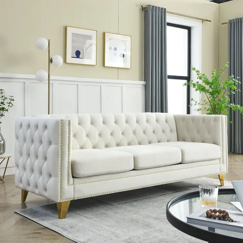 Miniatura 19 de Sofá moderno Chesterfield de terciopelo de 58 pulgadas, respaldos tapizados con brazos de cabeza de clavo, sofá biplaza para sala de estar
