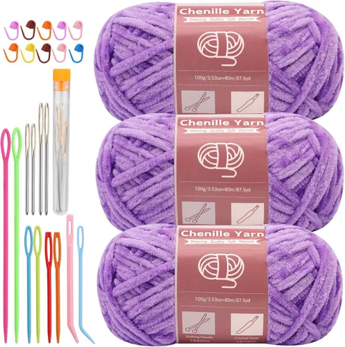 Miniatura 52 de LUNARM Hilado de chenilla para tejer y hacer ganchillo, 3 madejas de 240 metros de hilo grueso, suave y voluminoso, para tejer mantas, ropa y Beige