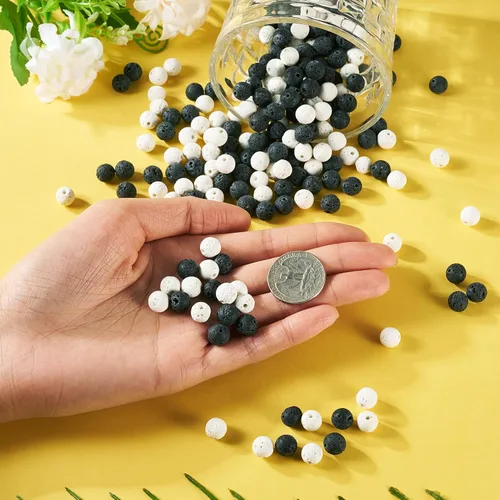 Miniatura 4 de Craftdady 360 cuentas de lava natural de 0.315 pulgadas (0.315 in), cuentas redondas de piedra blanca y negra, cuentas espaciadoras sueltas