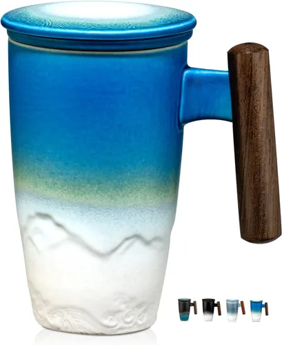 suyika Tomotime - Taza de té de cerámica con infusor y tapa, asa de madera, 13.5 onzas (400 ml) (Azul cian)