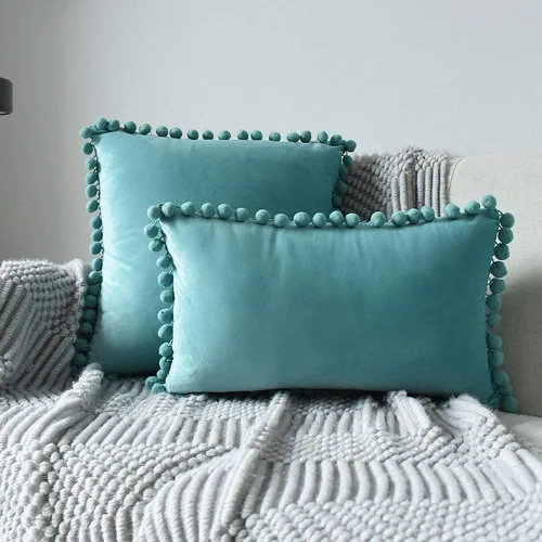 Miniatura 18 de vctops Funda de cojín lumbar con pompones, de terciopelo suave, sólida, decorativa, para sofá, dormitorio o automóvil, 1 pieza