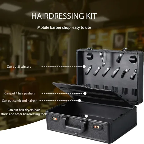 Miniatura 6 de Estuche de peluquero portátil para cortapelos y suministros, doble capa grande, herramientas de viaje, caja organizadora, kit de peluquería Negro