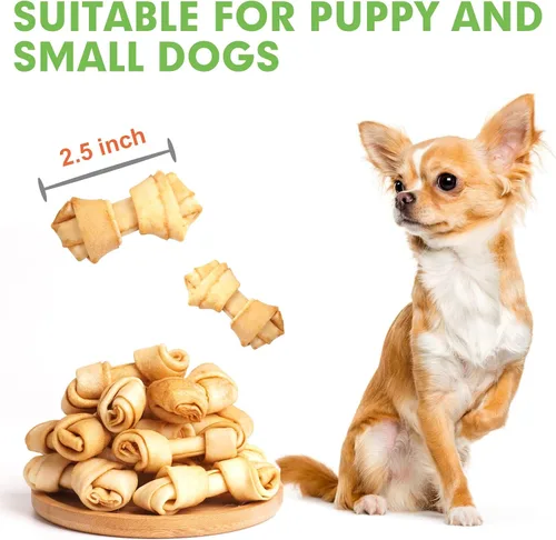 Miniatura 5 de MON2SUN Huesos de nudo de cuero crudo para perros, pequeños huesos de cuero crudo, mini masticables sabor a pollo de 2.5 pulgadas, 60
