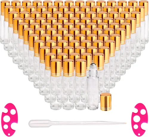 Miniatura 20 de inice 100 botellas de roll-on de 10 ml de vidrio ámbar para aceites esenciales con bolas de rodillo de acero inoxidable y tapa de aleación