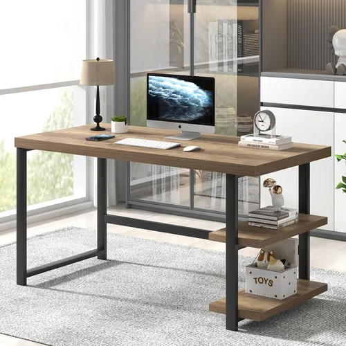 Miniatura 3 de FOLUBAN Escritorio para computadora, escritorio de oficina en casa de madera y metal con estantes de almacenamiento, pequeña mesa de escritura