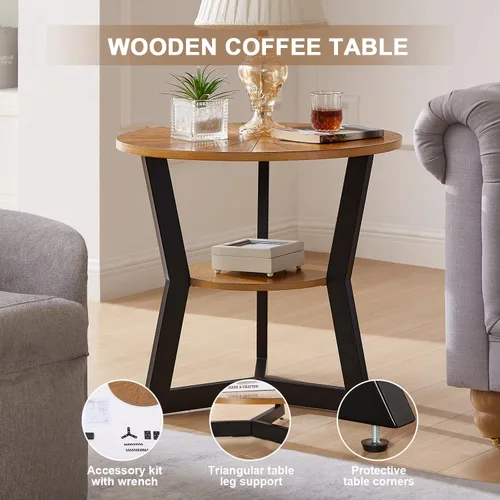 Miniatura 6 de Mesa auxiliar, mesa auxiliar redonda de madera para sala de estar con mesa de 2 niveles con estante de almacenamiento, diseño de soporte triangular
