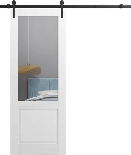 Puerta de granero resistente de 42 x 84 pulgadas | Lucia 1533 seda blanca con vidrio transparente | Juego de perchas de riel de 8 pies | Puertas
