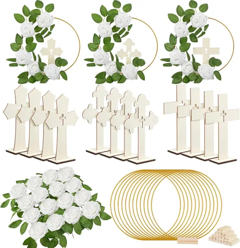 Miniatura 14 de Wesiti 48 piezas Centro de mesa para bautizo, decoración de mesa para primera comunión, 12 cruces de madera, 12 aros florales con soporte, 24 rosas