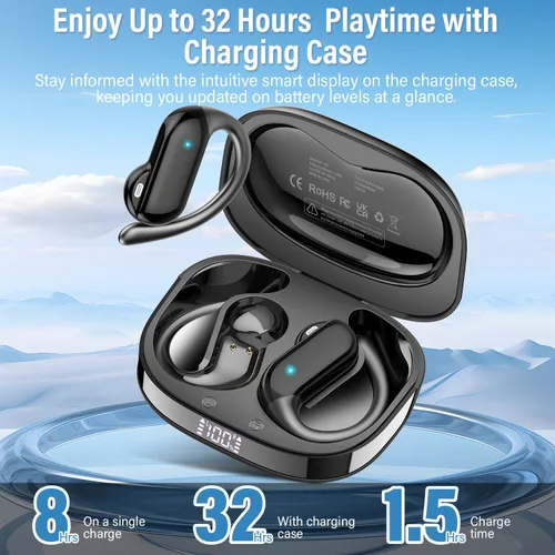Miniatura 5 de Auriculares de oreja abierta, auriculares inalámbricos Bluetooth 5.4 con ganchos para los oídos, auriculares estéreo de alta fidelidad de 32 horas