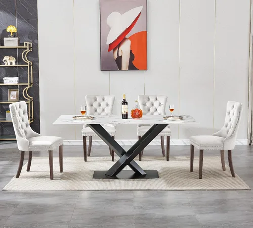 Miniatura 3 de Juego de mesa de comedor de mármol blanco para 4, 70 pulgadas, mesa de comedor de mármol blanco con 4 sillas de terciopelo beige y base de acero al