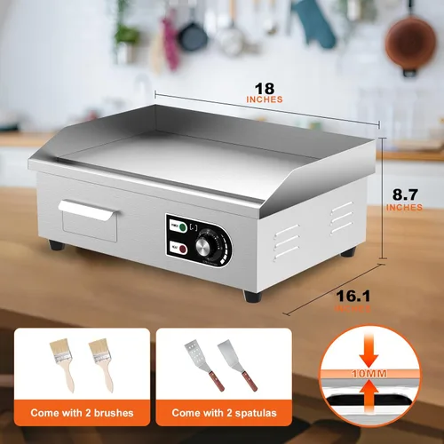 Miniatura 3 de Plancha eléctrica comercial de 18 pulgadas, plancha eléctrica de hierro fundido con material de acero inoxidable y antiadherente, plancha comercial