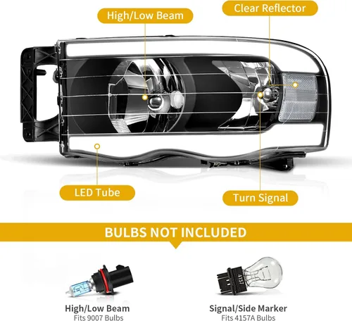 Miniatura 2 de DWVO Conjunto de faros compatible con 1994-2001 Dodge Ram 1500/94-02 Dodge Ram 2500 3500/95-02 Dodge Ram 4000 Carcasa negra sin DRL