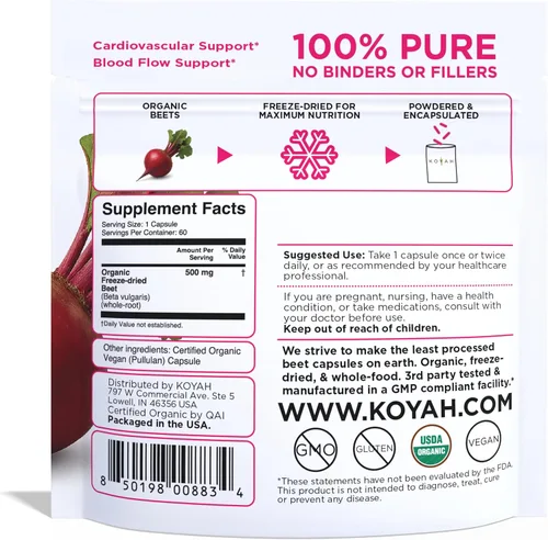 Miniatura 2 de KOYAH - Cápsulas de remolacha orgánica, liofilizadas: 60 Cápsulas 500 mg por cápsula, raíz de remolacha entera - Apoyo cardiovascular y apoyo al