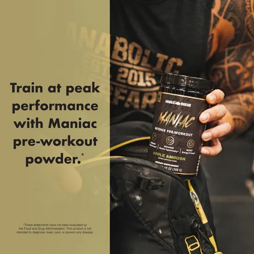 Miniatura 7 de Anabolic Warfare Black Series Maniac, polvo de pre-entrenamiento, soporta óxido nítrico, bombas musculares y síntesis de proteínas* Apple Ambush