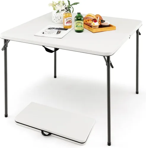 Miniatura 10 de Goplus Mesa plegable cuadrada de 34 pulgadas, mesas plegables de plástico portátiles con patas plegables y asa de transporte, interior y exterior