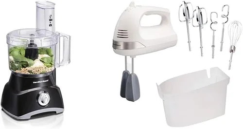 Hamilton Beach Paquete de procesador de alimentos y batidora de mano de 8 tazas con estuche de almacenamiento, batidores fáciles de limpiar y