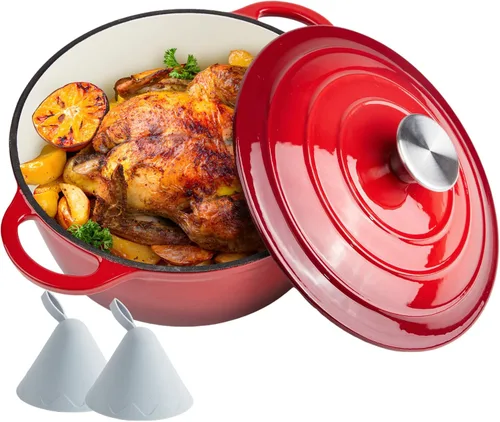 Miniatura 23 de Horno holandés de hierro fundido esmaltado de 6 cuartos de galón con tapa, asas dobles grandes, apto para horno hasta 500 °F, olla redonda clásica