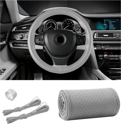 Miniatura 27 de Ziciner - Funda de cuero genuino para volante, transpirable, antideslizante, protector de volante de automóvil para un diámetro máximo de 15 Negro