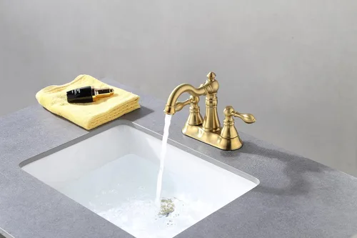 Miniatura 8 de Grifo de baño con dos asas de oro cepillado de 3 agujeros con desagüe emergente de plástico con rebosadero, grifo giratorio para lavabo de baño de 4