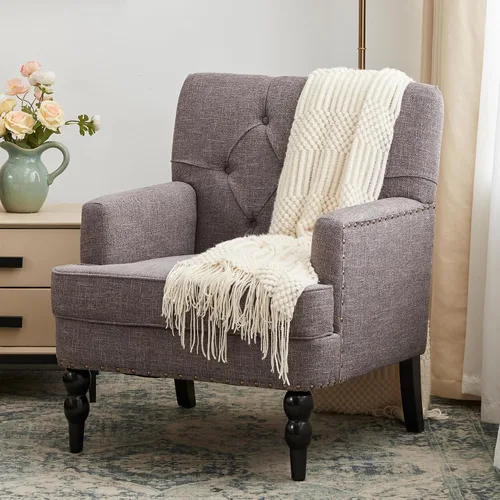 Miniatura 13 de HUIMO Silla de Club Acolchada, Silla de Acento con Almohada Lumbar, Sillón Tapizado con Botones, Sillas de Sofá de Tela de Lino para Dormitorio