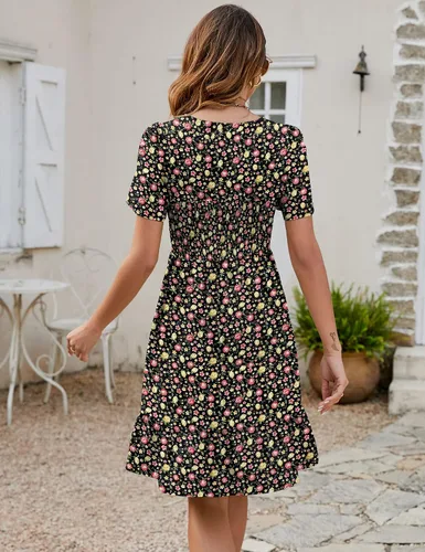 Miniatura 6 de Qirno Vestido corto de gasa para mujer, casual, cuello cuadrado, con vuelo, manga corta, fruncido, escalonado, acampanado, de gasa, S-XL