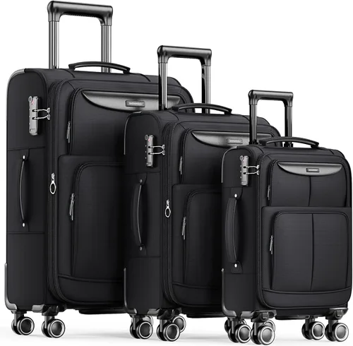 SHOWKOO - Juegos de 3 maletas blandas expandibles ligeras y duraderas con ruedas dobles giratorias candado TSA 20pulgadas24pulgadas28pulgadas Negro