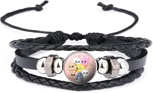 Miniatura 2 de NC Stray Kids SKZOO - Pulsera de cuero tejida con personaje + llavero insignia (2 piezas) skz Fans Collection