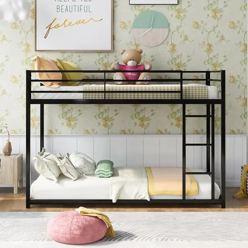 Litera de metal bajo para niños, con escalera incorporada, barandilla alta y listones de metal, litera inferior de cama de suelo, no requiere Negro