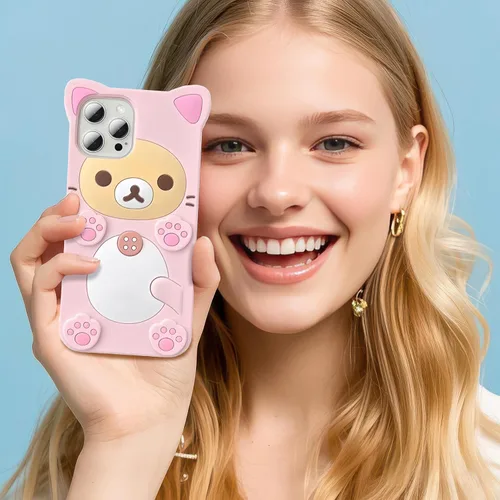 Miniatura 8 de IAIYOXI Funda de teléfono con diseño de oso de dibujos animados 3D para iPhone 13 Mini, moderna y elegante, divertido diseño de oso rosa, funda