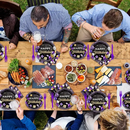 Miniatura 5 de Wiooffen 96 piezas de juego de vajilla para fiesta de cumpleaños morado - Juego de platos, servilletas y vajilla morados y negros, suministros