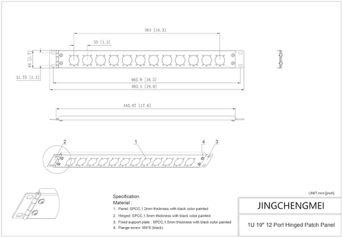Miniatura 8 de Panel de conexión con bisagras de 12 puertos, pasos/orificios, conectores tipo D de 1U de 19 pulgadas para montaje en rack, audio con lado