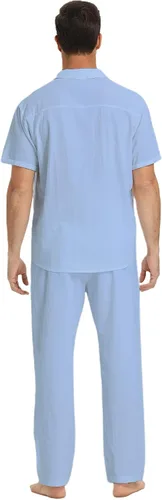 Miniatura 3 de RPOVIG Conjunto de camisa de lino y pantalones conjuntos de lino de 2 piezas para hombre, camisas de manga corta, pantalones de yoga, trajes