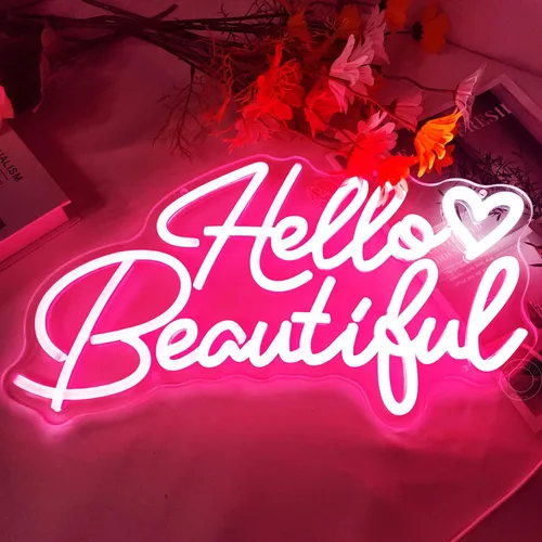 Miniatura 9 de SYLHOME Letrero de luz LED de neón con texto en inglés «Hello Beautiful» con diseño de corazón rosa Hello Gorgeous para dormitorio, boda, fiesta