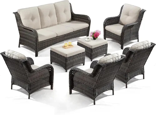 Miniatura 49 de Juego de 2 sillas de patio giratorias de 360 grados para exteriores y mesa auxiliar a juego – 3 sillas deslizantes de mimbre para patio con cojines