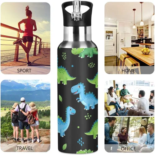 Miniatura 5 de Stainless Steel Vacuum Insulated Water Bottle 32 Oz, Leakproof Water Bottles for Gym Outdoor Travel School, Cartoon Dinosaurs Dot Black