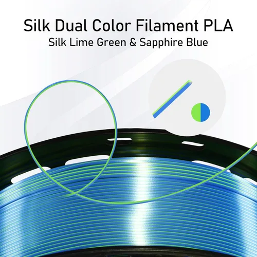 Miniatura 5 de MIKA3D Filamento PLA de seda 3D de coextrusión de doble color de 1 kg (2.2 lbs), azul zafiro brillante, verde lima, 2 colores en 1 material 3D, 1