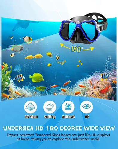 Miniatura 2 de Greatever Juego de esnórquel para adultos, azul, máscara, aletas, tubo, esnórquel seco, regalo ideal, máscara de buceo ajustable y aletas