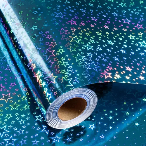 Miniatura 16 de Merture - Rollo de papel de regalo holográfico azul, papel de regalo azul con diseño de galaxia brillante para cumpleaños, baby shower, Navidad, día