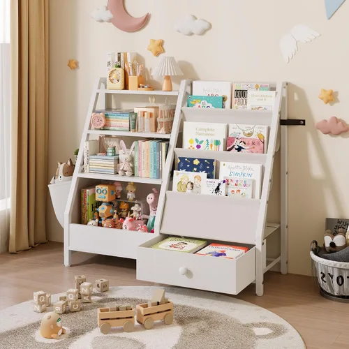 Estantería infantil y organizador de almacenamiento de juguetes, estantería Montessori de 3 niveles para bebés y niños pequeños con bolsillos para