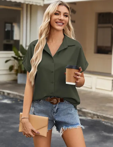 Miniatura 3 de Zeagoo Blusas de verano de manga corta para mujer, camisas casuales con botones, blusas de trabajo de negocios sólidas/a rayas