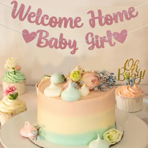 Miniatura 7 de Cartel de bienvenida a casa para bebé, decoración rosa para baby shower, revelación de género, decoración interior y exterior, purpurina dorada rosa