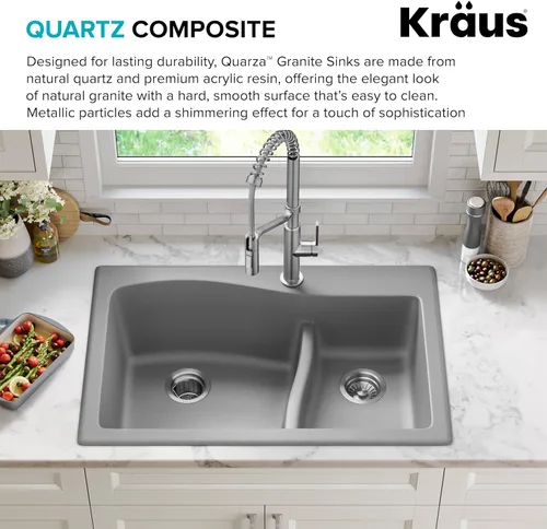 Miniatura 5 de Kraus Quarza Fregadero de cocina Cuencos de 33 pulgadas 60/40 Granito gris Modelo KGD-442