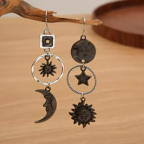 Miniatura 8 de Aretes colgantes vintage de sol y luna para mujer, aretes asimétricos de mitología griega (dorado)